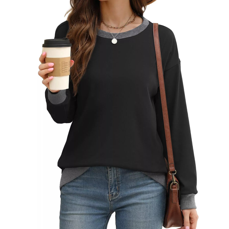 Contrast Trim Crew Neck Casual Sweatshirt Apparel and Accessories