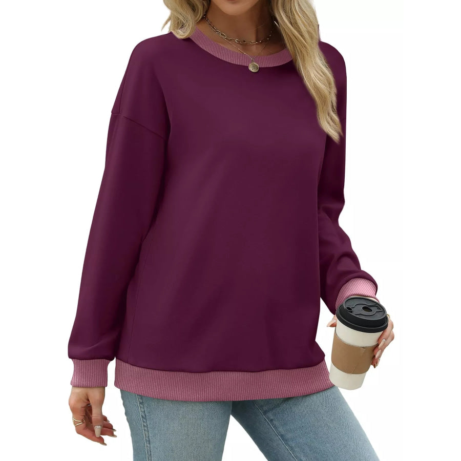 Contrast Trim Crew Neck Casual Sweatshirt Apparel and Accessories