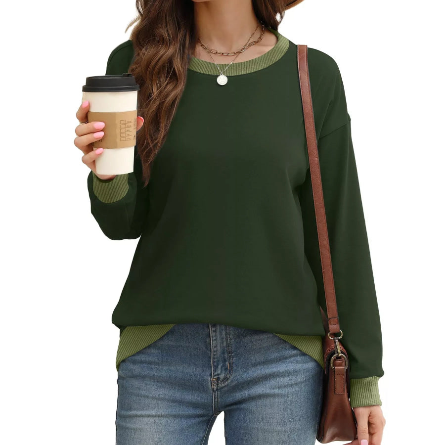 Contrast Trim Crew Neck Casual Sweatshirt Apparel and Accessories