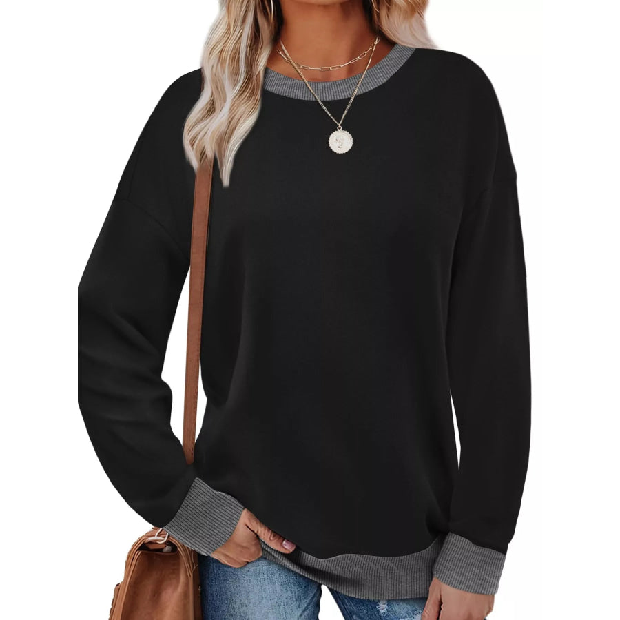 Contrast Trim Crew Neck Casual Sweatshirt Black / S Apparel and Accessories