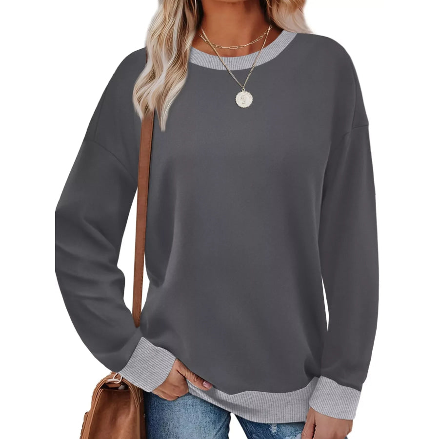 Contrast Trim Crew Neck Casual Sweatshirt Grey / S Apparel and Accessories