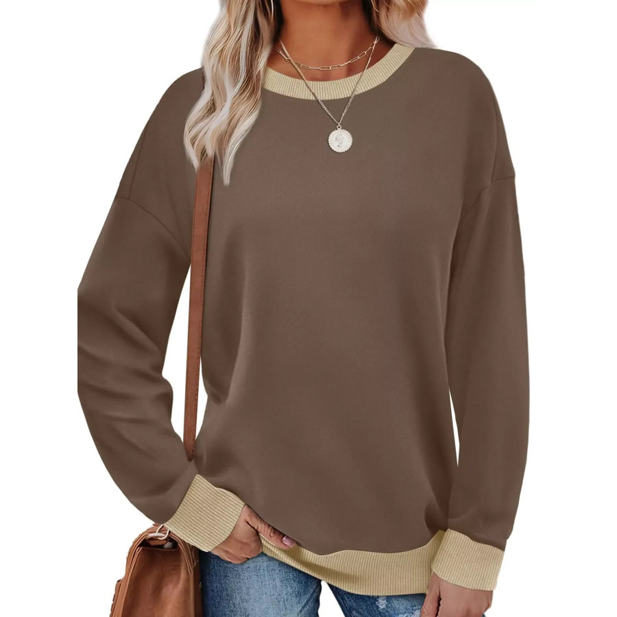 Contrast Trim Crew Neck Casual Sweatshirt Khaki / S Apparel and Accessories