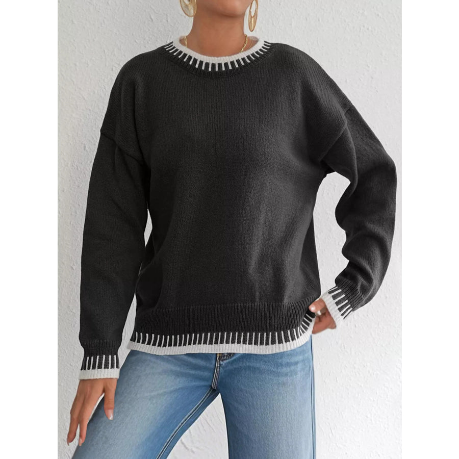 Contrast Trim Crew Neck Drop Shoulder Sweater Apparel and Accessories