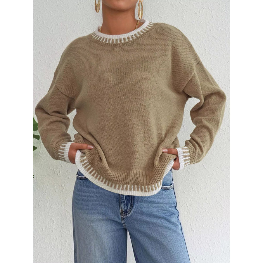 Contrast Trim Crew Neck Drop Shoulder Sweater Apparel and Accessories