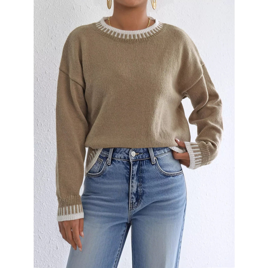 Contrast Trim Crew Neck Drop Shoulder Sweater Apparel and Accessories