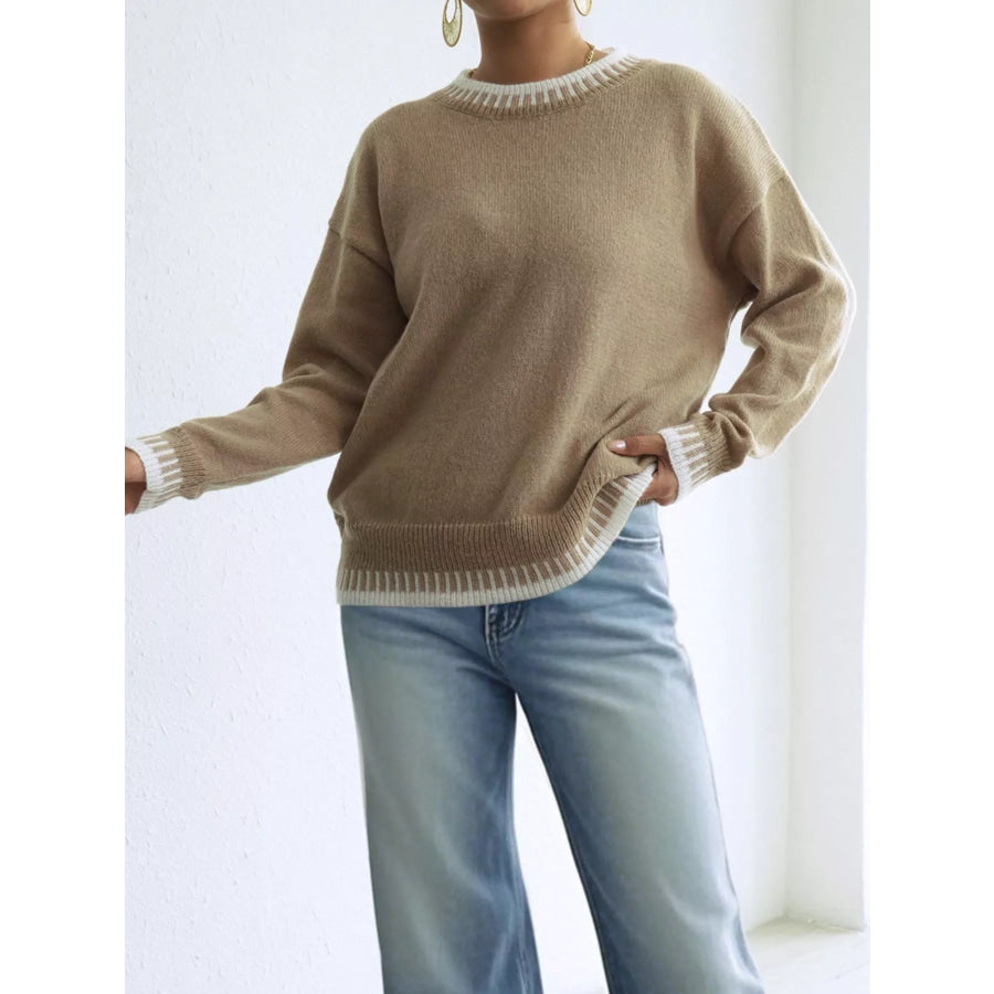 Contrast Trim Crew Neck Drop Shoulder Sweater Apparel and Accessories