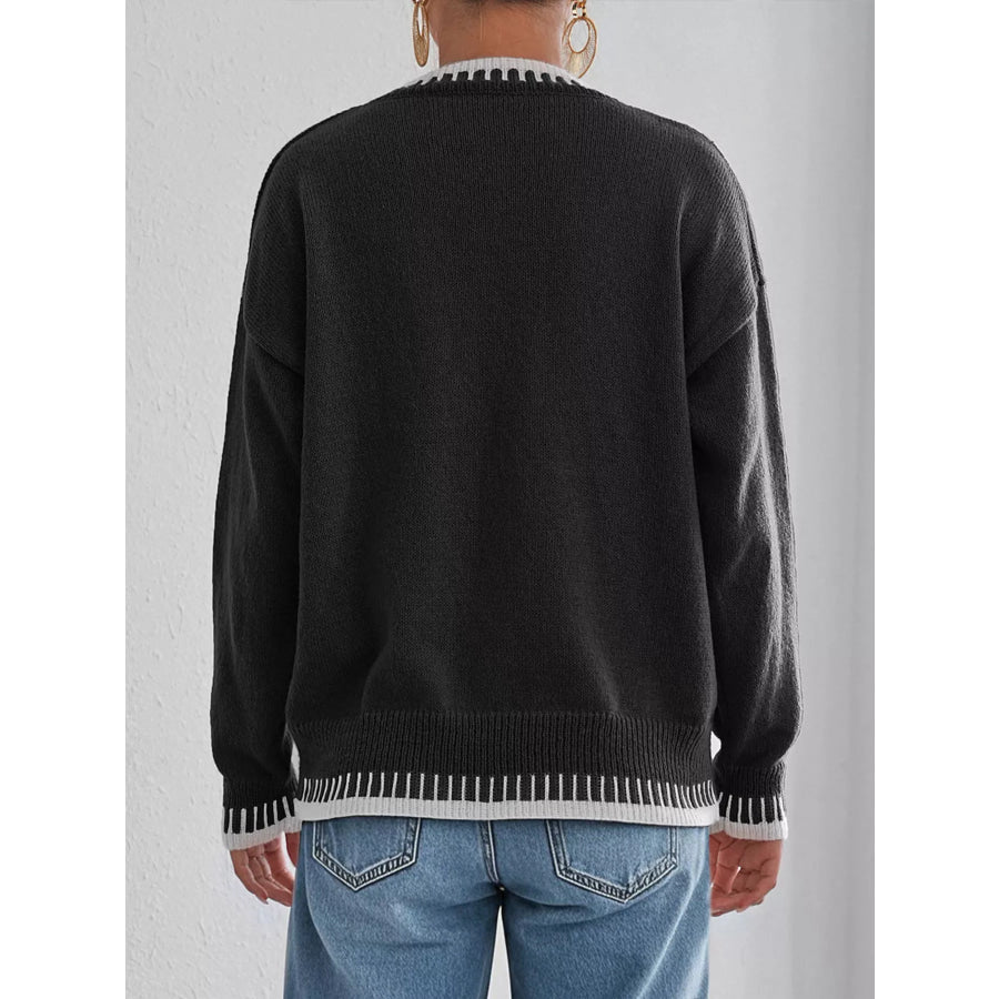 Contrast Trim Crew Neck Drop Shoulder Sweater Apparel and Accessories