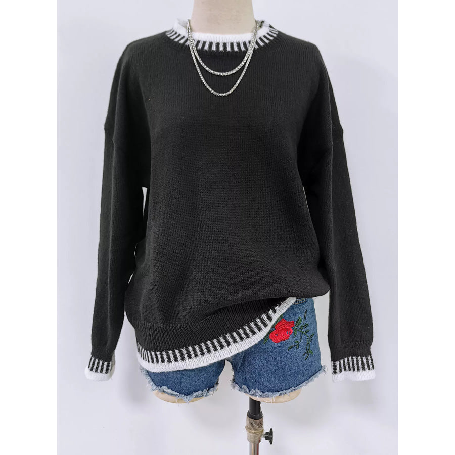Contrast Trim Crew Neck Drop Shoulder Sweater Apparel and Accessories