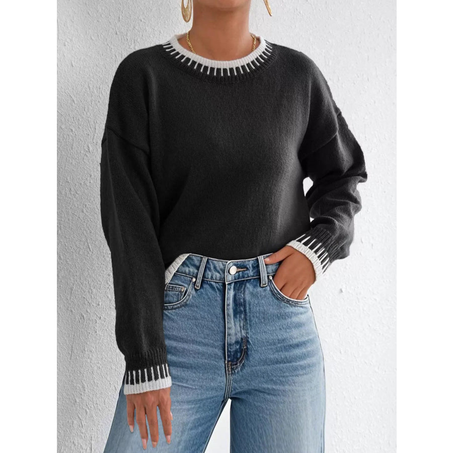 Contrast Trim Crew Neck Drop Shoulder Sweater Apparel and Accessories