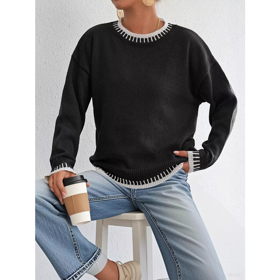 Contrast Trim Crew Neck Drop Shoulder Sweater Apparel and Accessories