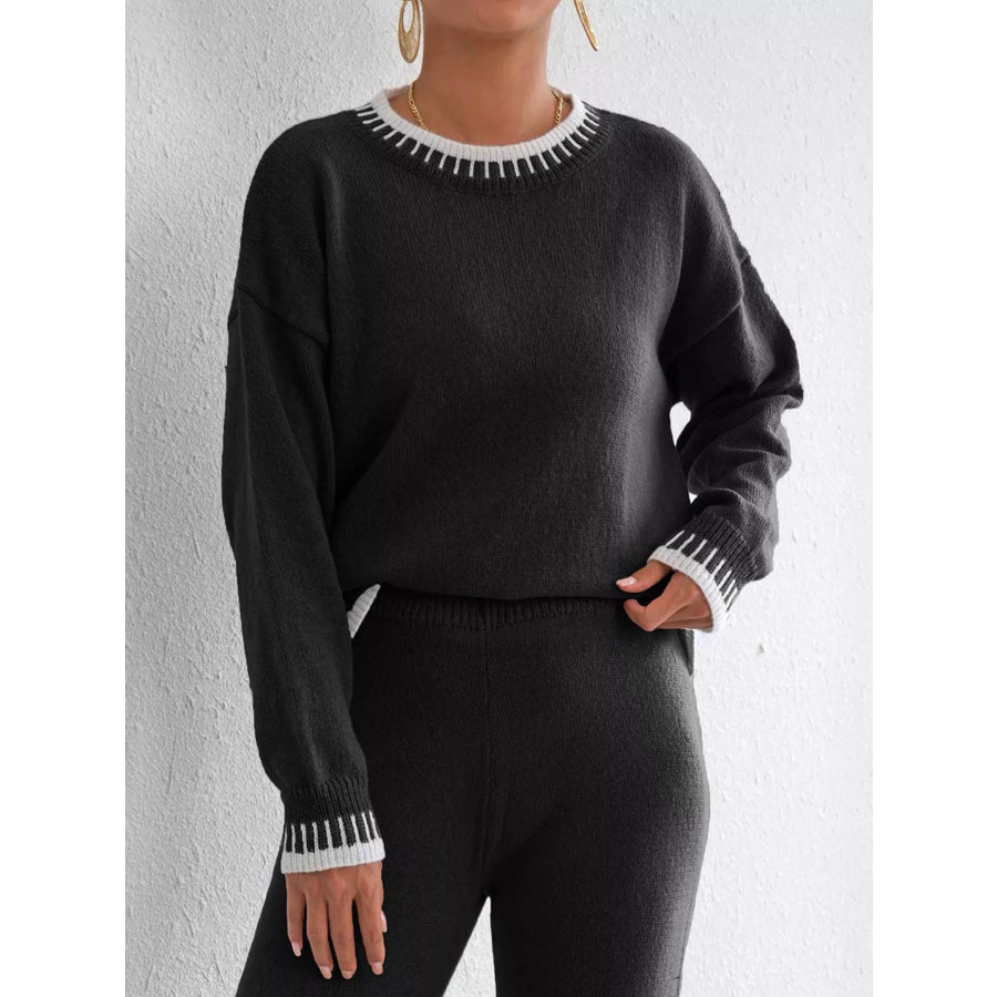 Contrast Trim Crew Neck Drop Shoulder Sweater Black / S Apparel and Accessories