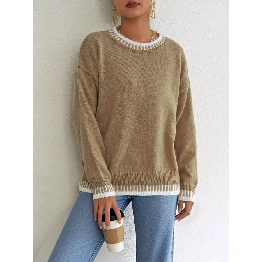 Contrast Trim Crew Neck Drop Shoulder Sweater Camel / S Apparel and Accessories