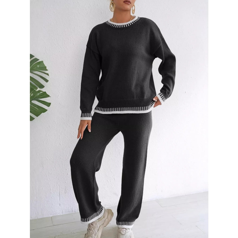 Contrast Trim Crew Neck Sweater and Pants Set Apparel Accessories
