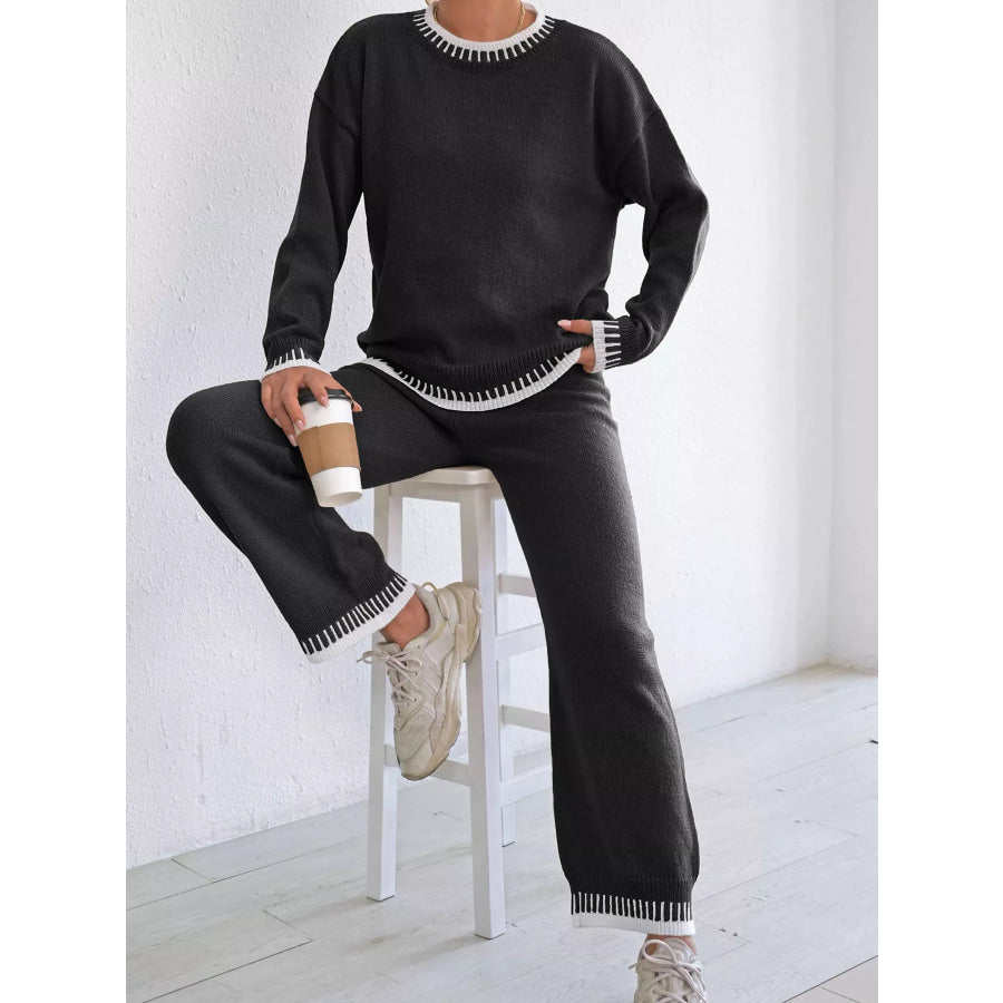 Contrast Trim Crew Neck Sweater and Pants Set Apparel Accessories