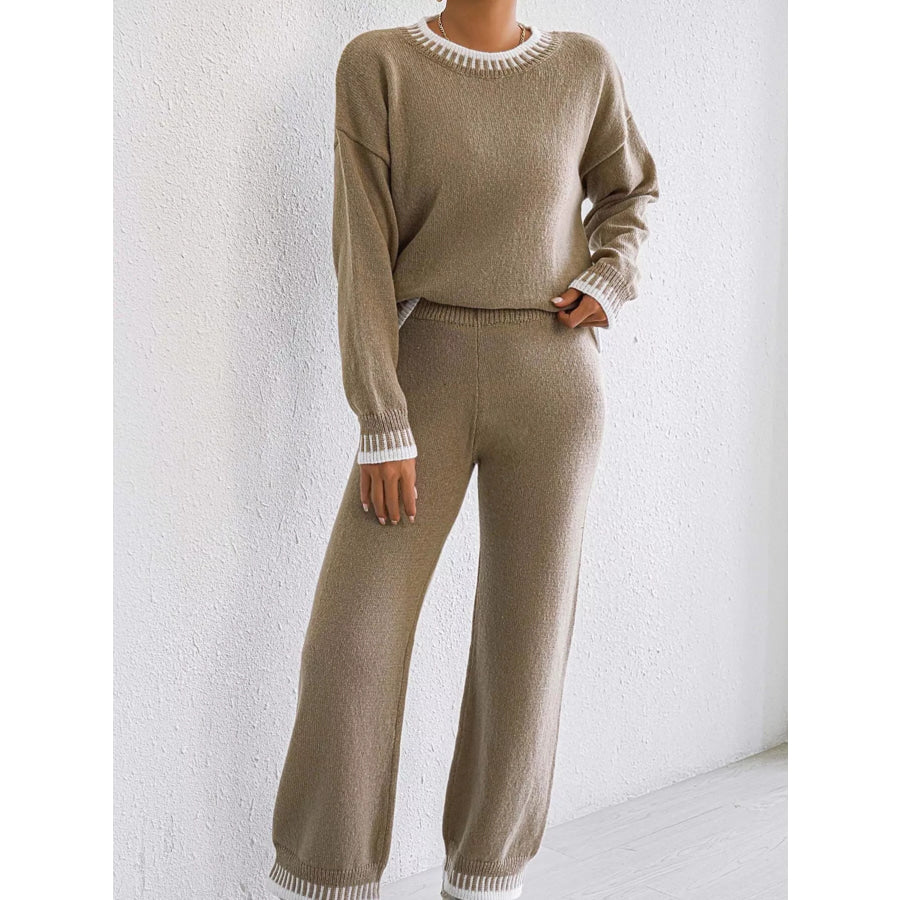Contrast Trim Crew Neck Sweater and Pants Set Apparel Accessories