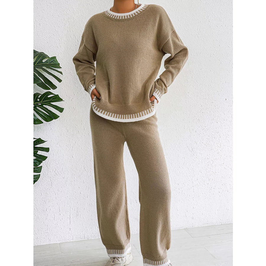 Contrast Trim Crew Neck Sweater and Pants Set Apparel Accessories