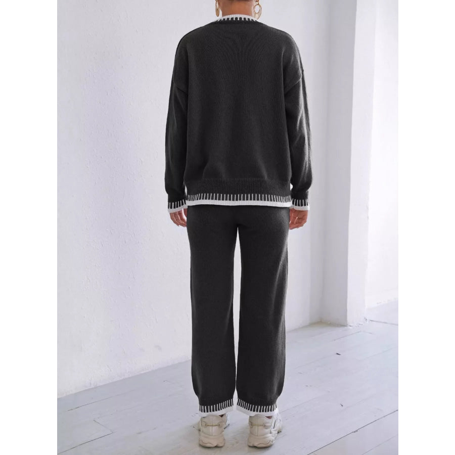 Contrast Trim Crew Neck Sweater and Pants Set Apparel Accessories