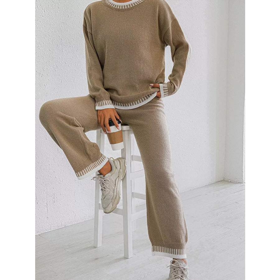 Contrast Trim Crew Neck Sweater and Pants Set Apparel Accessories