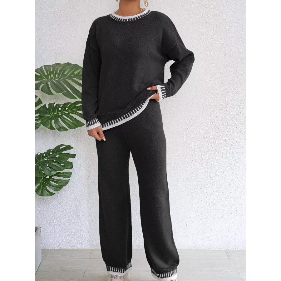 Contrast Trim Crew Neck Sweater and Pants Set Apparel Accessories