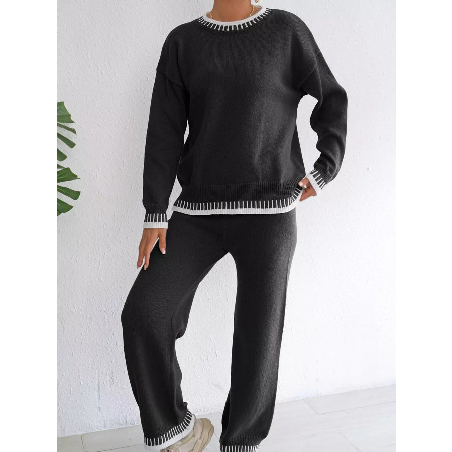 Contrast Trim Crew Neck Sweater and Pants Set Apparel Accessories