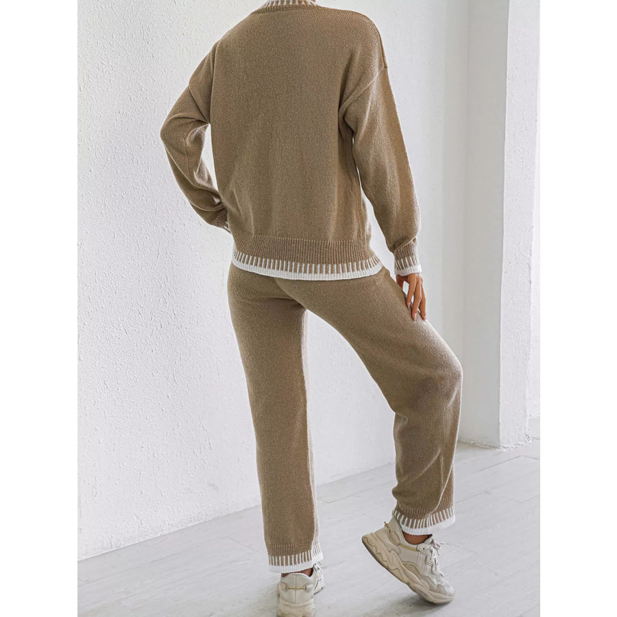Contrast Trim Crew Neck Sweater and Pants Set Apparel Accessories