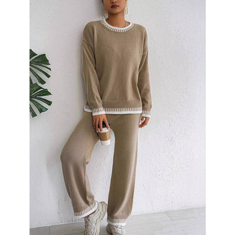 Contrast Trim Crew Neck Sweater and Pants Set Apparel Accessories