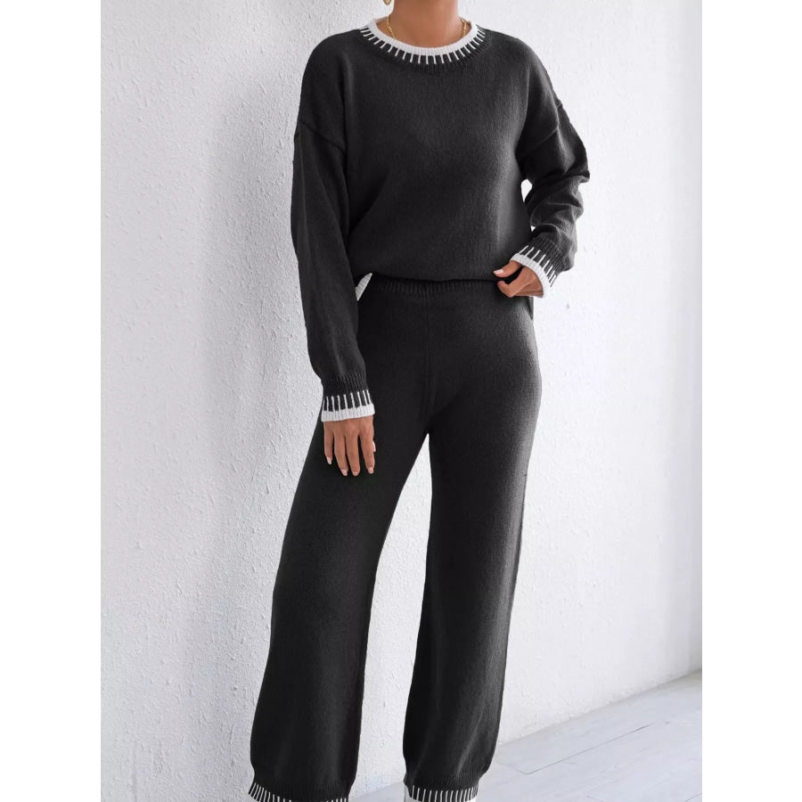 Contrast Trim Crew Neck Sweater and Pants Set Black / S Apparel Accessories