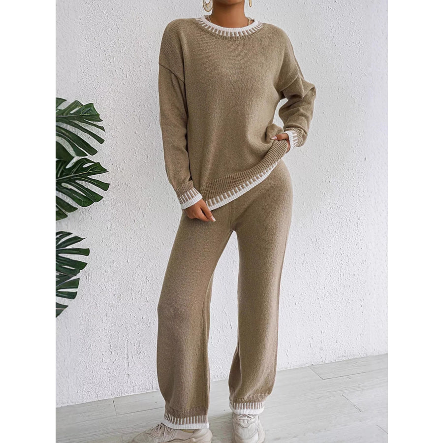 Contrast Trim Crew Neck Sweater and Pants Set Taupe / S Apparel Accessories