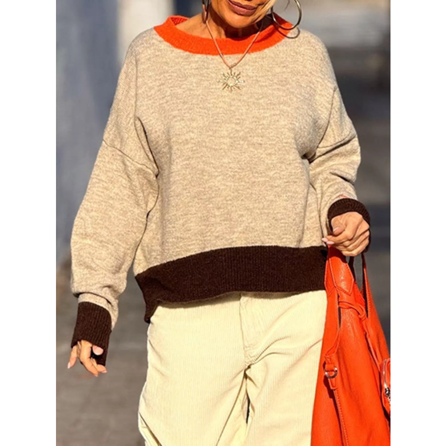 Contrast Trim Crew Neck Sweater Apparel and Accessories