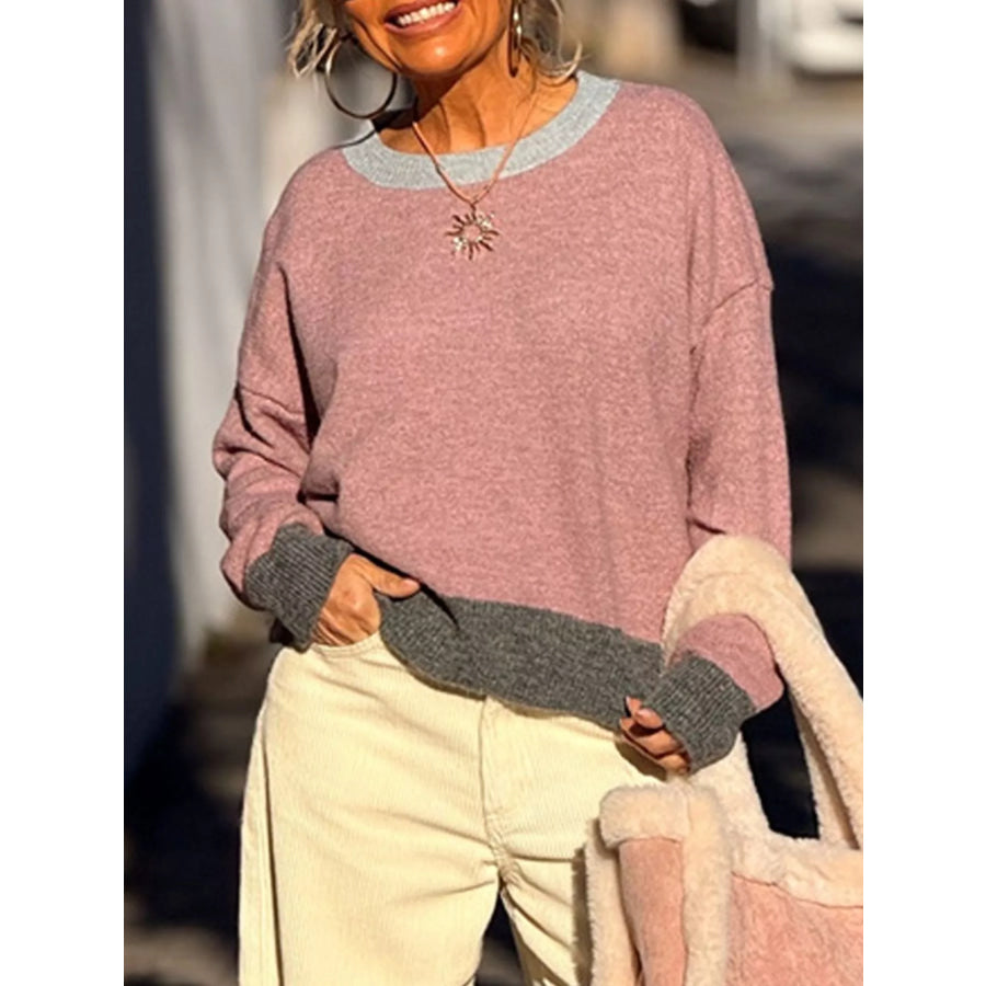 Contrast Trim Crew Neck Sweater Apparel and Accessories