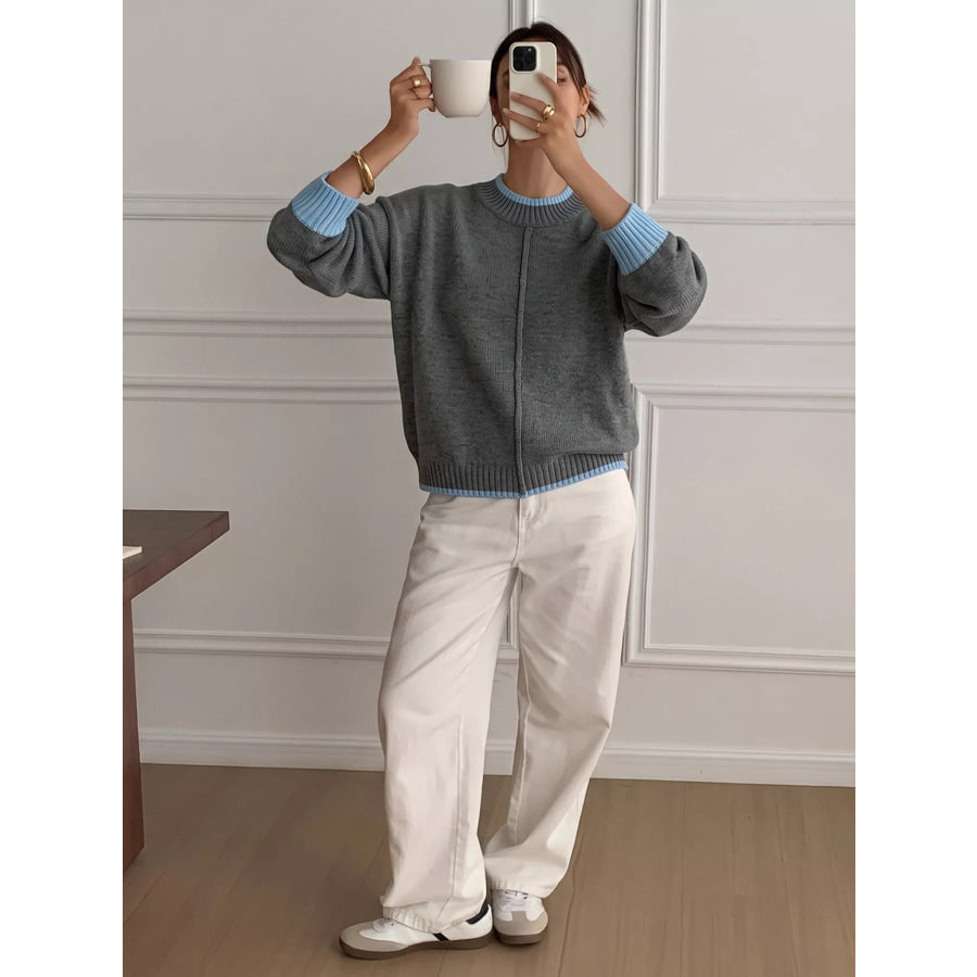 Contrast Trim Crew Neck Sweater Apparel and Accessories