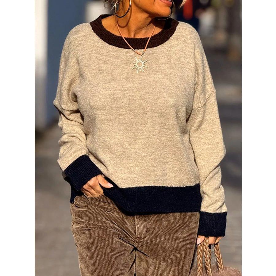 Contrast Trim Crew Neck Sweater Apparel and Accessories