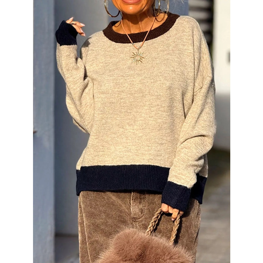 Contrast Trim Crew Neck Sweater Apparel and Accessories