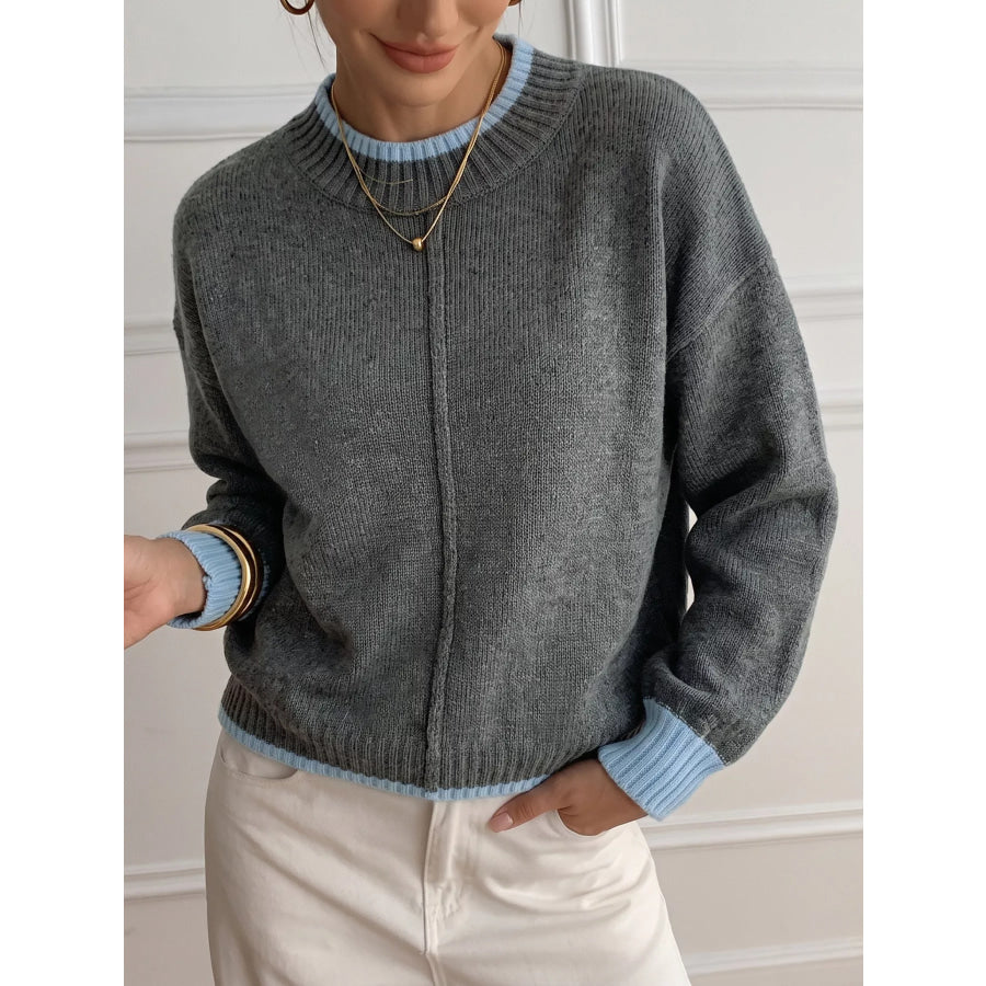 Contrast Trim Crew Neck Sweater Dark Gray / S Apparel and Accessories