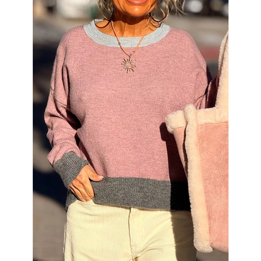 Contrast Trim Crew Neck Sweater Sky Blue / S Apparel and Accessories