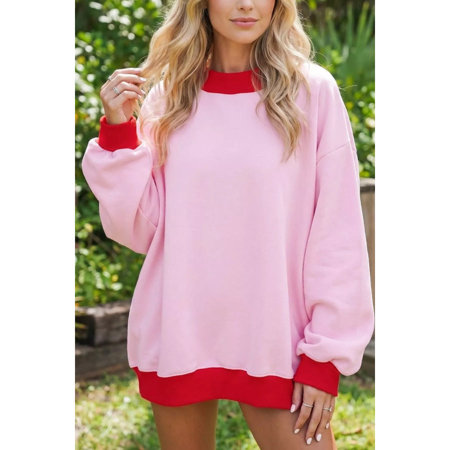 Contrast Trim Crew Neck Sweatshirt Pink / S Apparel and Accessories