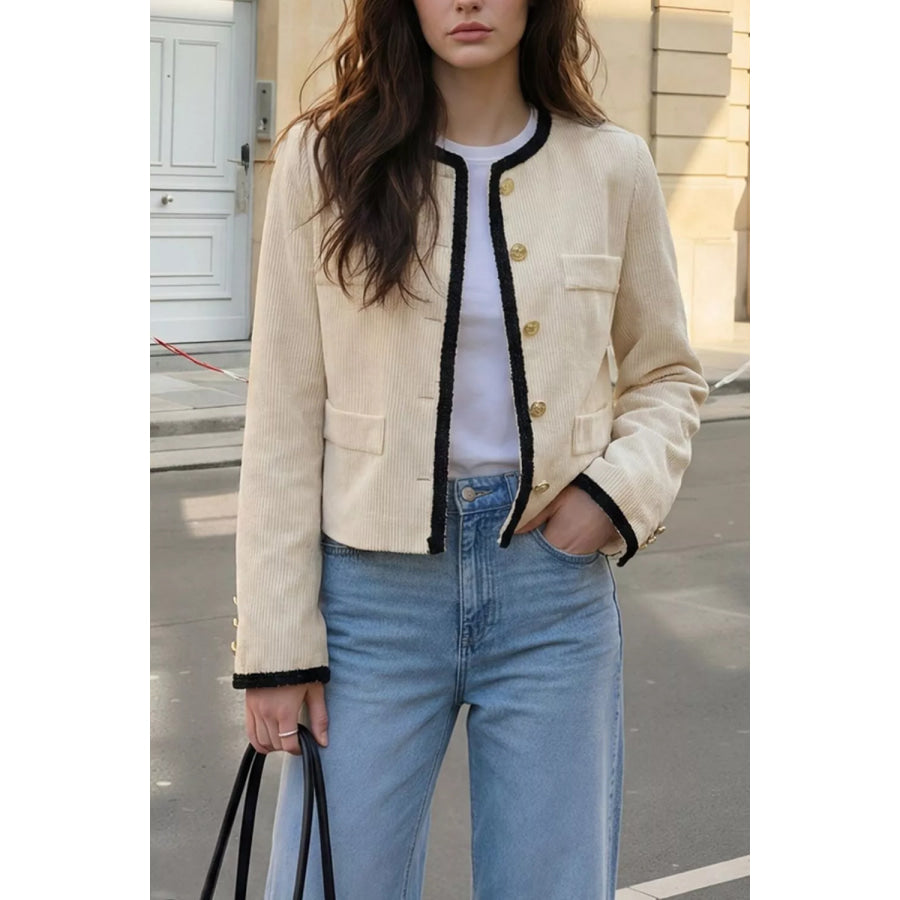 Contrast Trim Cropped Outerwear Beige / S Apparel and Accessories