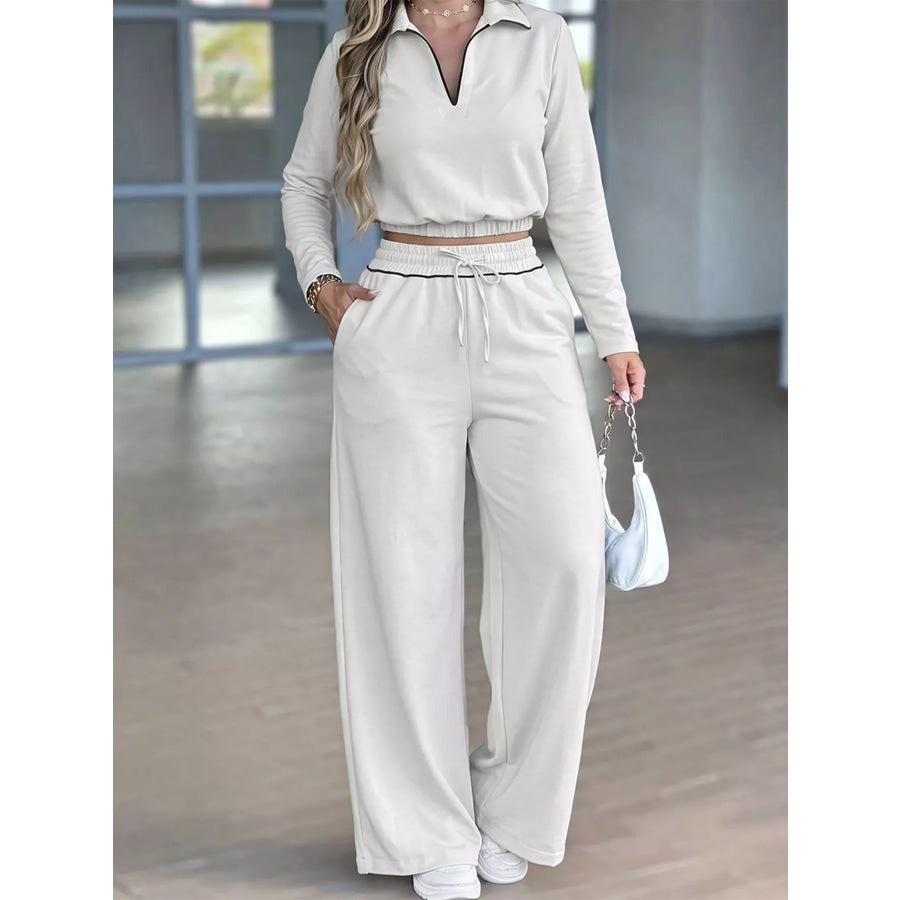Contrast Trim Cropped Top and Pants Set Beige / S Apparel Accessories