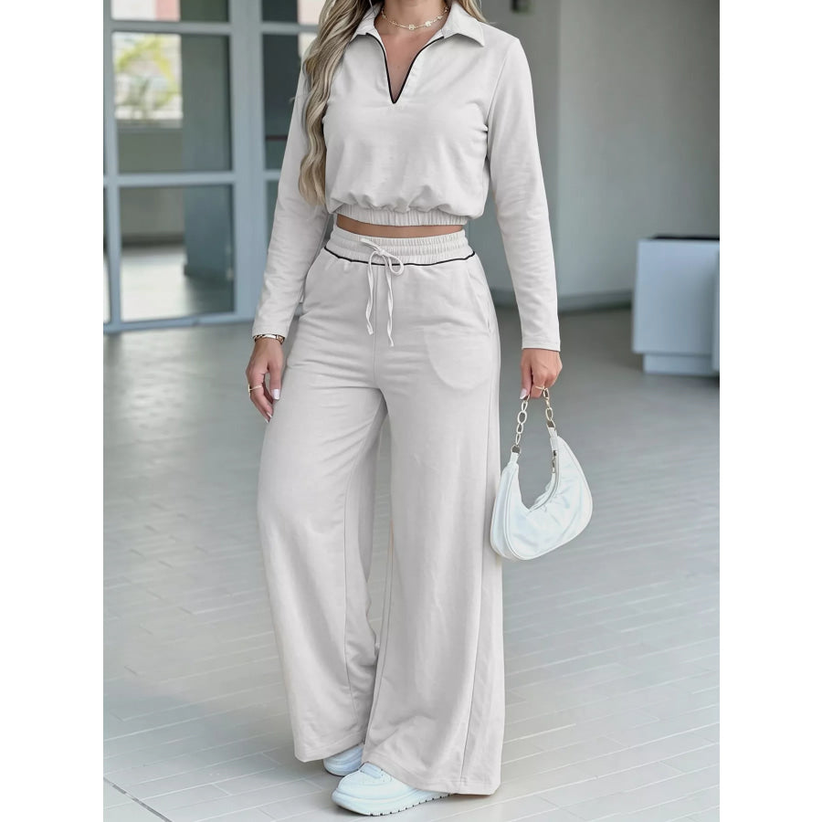 Contrast Trim Cropped Top and Pants Set Apparel Accessories