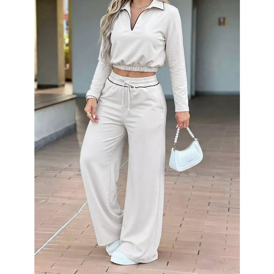 Contrast Trim Cropped Top and Pants Set Beige / S Apparel Accessories