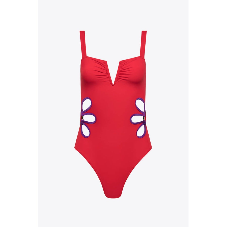 Contrast Trim Cutout Notched Neck One-Piece Swimsuit