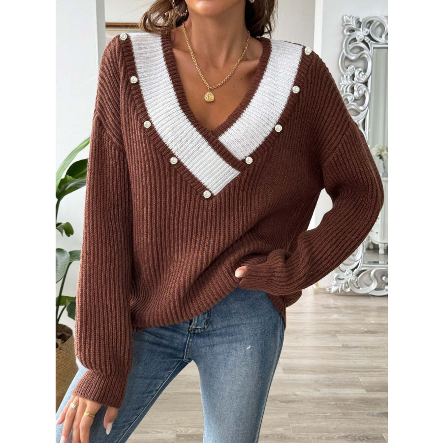 Contrast Trim Dropped Shoulder Long Sleeve Sweater Apparel and Accessories