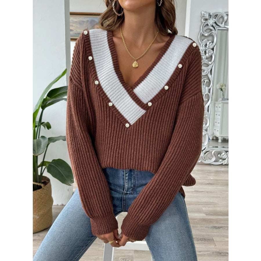 Contrast Trim Dropped Shoulder Long Sleeve Sweater Apparel and Accessories