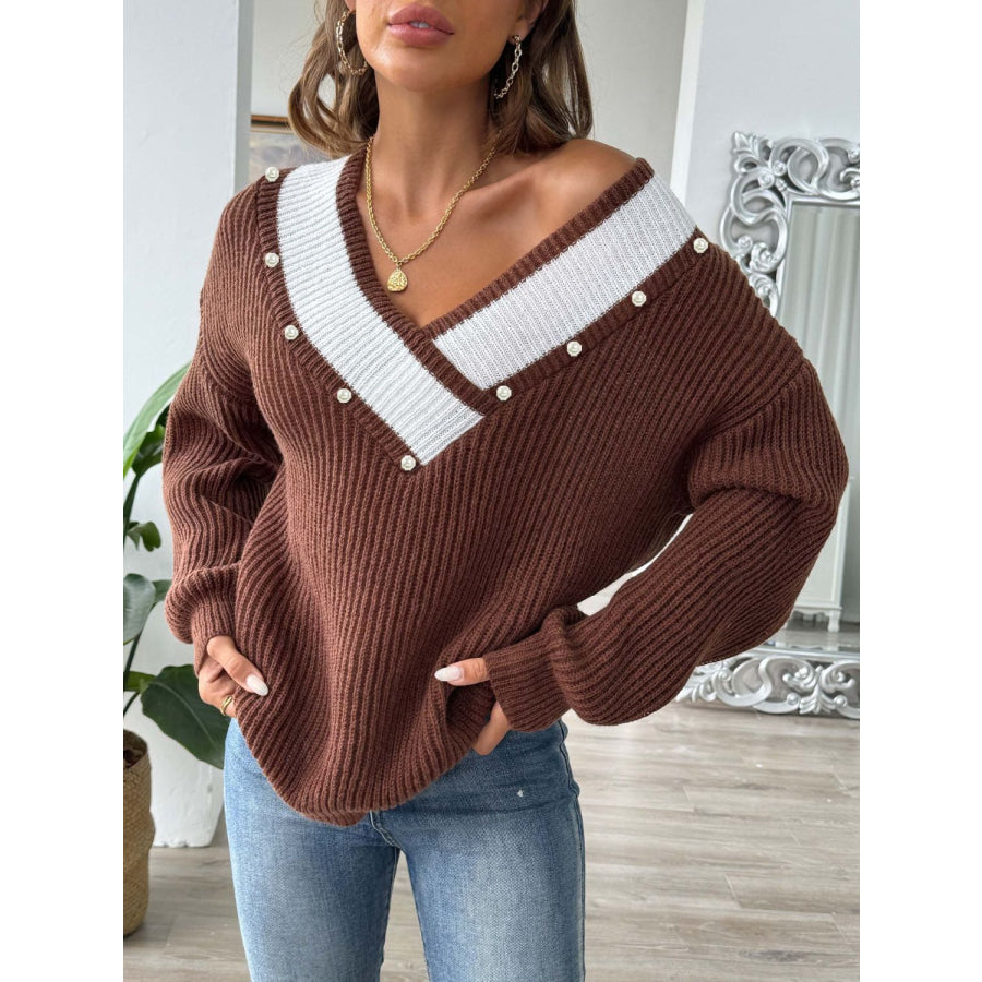 Contrast Trim Dropped Shoulder Long Sleeve Sweater Apparel and Accessories