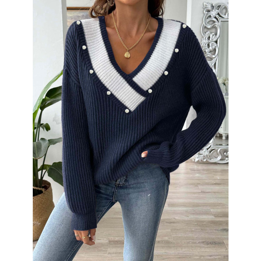 Contrast Trim Dropped Shoulder Long Sleeve Sweater Apparel and Accessories