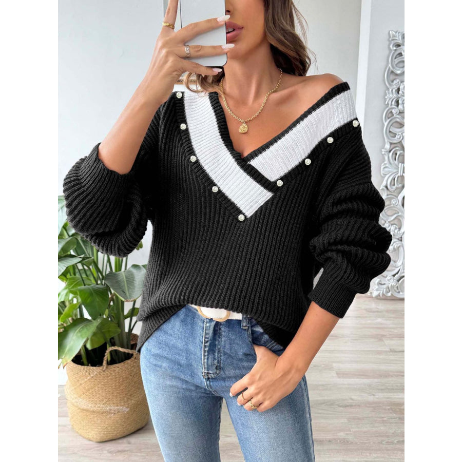 Contrast Trim Dropped Shoulder Long Sleeve Sweater Apparel and Accessories