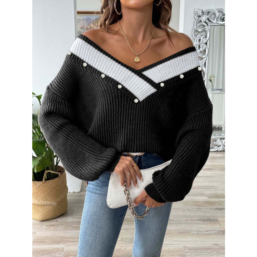 Contrast Trim Dropped Shoulder Long Sleeve Sweater Apparel and Accessories