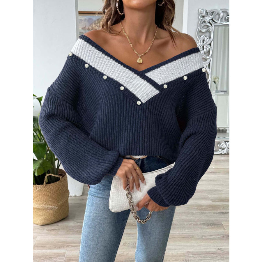 Contrast Trim Dropped Shoulder Long Sleeve Sweater Apparel and Accessories