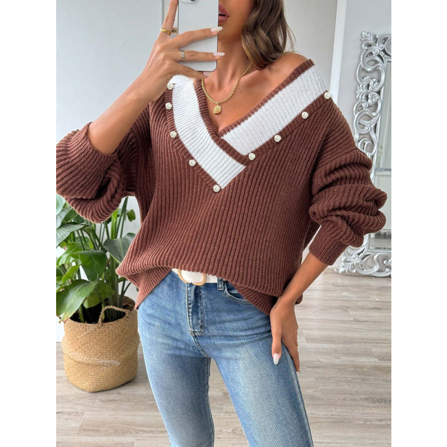 Contrast Trim Dropped Shoulder Long Sleeve Sweater Apparel and Accessories