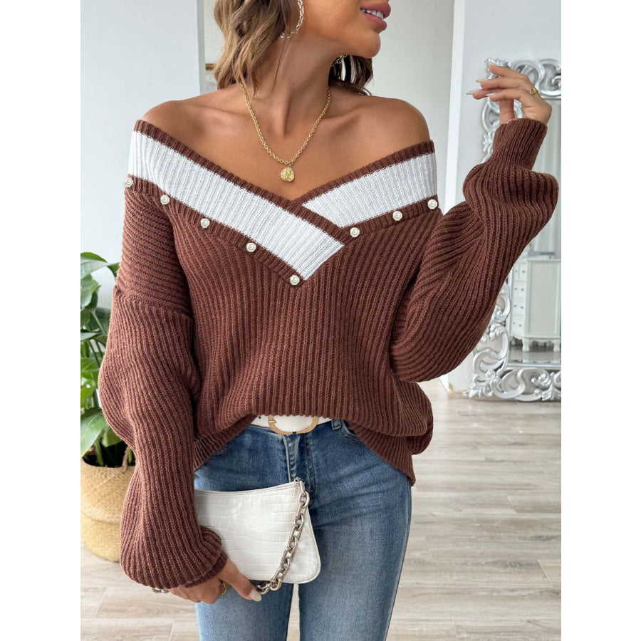 Contrast Trim Dropped Shoulder Long Sleeve Sweater Apparel and Accessories